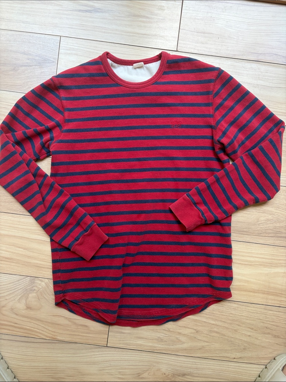 Men's Red & Navy Striped Long Sleeve Crewneck Shirt